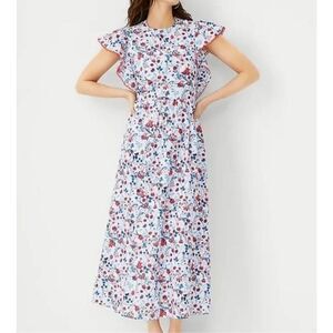 Ann Taylor red and blue floral ruffle trim maxi dress size small
